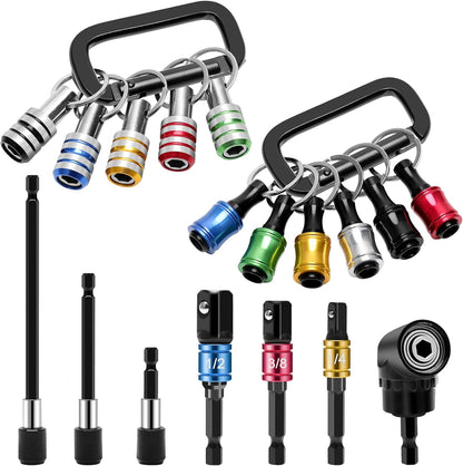 18PCS Bit Holder Keychain Gadgets for Men, Includes Right Angle Drill Adaptor,3Pcs 1/4" 3/8" 1/2" Drill Socket Adapter,3Pcs 1/4 Inch Hex Shank Quick Release Bar Socket Screwdriver 11P Bit Holder