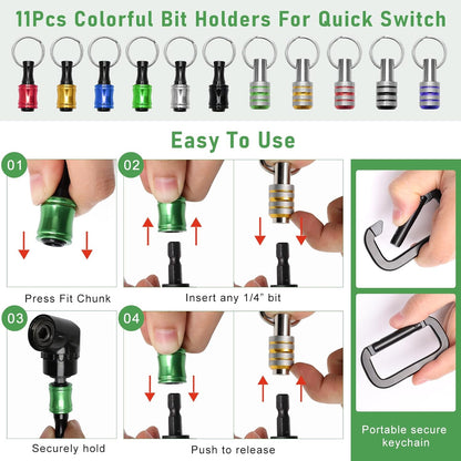 18PCS Bit Holder Keychain Gadgets for Men, Includes Right Angle Drill Adaptor,3Pcs 1/4" 3/8" 1/2" Drill Socket Adapter,3Pcs 1/4 Inch Hex Shank Quick Release Bar Socket Screwdriver 11P Bit Holder