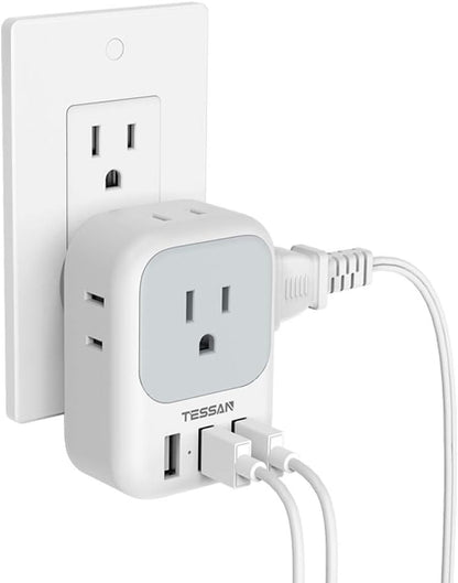 USB Charger Block with 4-Outlet Splitter and 3 USB Ports - Versatile Wall Adapter for Travel, Office, and Dorm Use