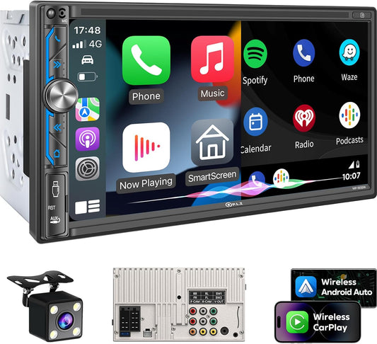 7" Wireless Double Din Car Stereo Apple Carplay Radio Screen for Car Audio Receivers, Bluetooth 5.3 Car Play Android Auto Touchscreen, 240W 4.2 CHN 2 Subwoofers Outputs, Backup Camera, SWC, FM/AM