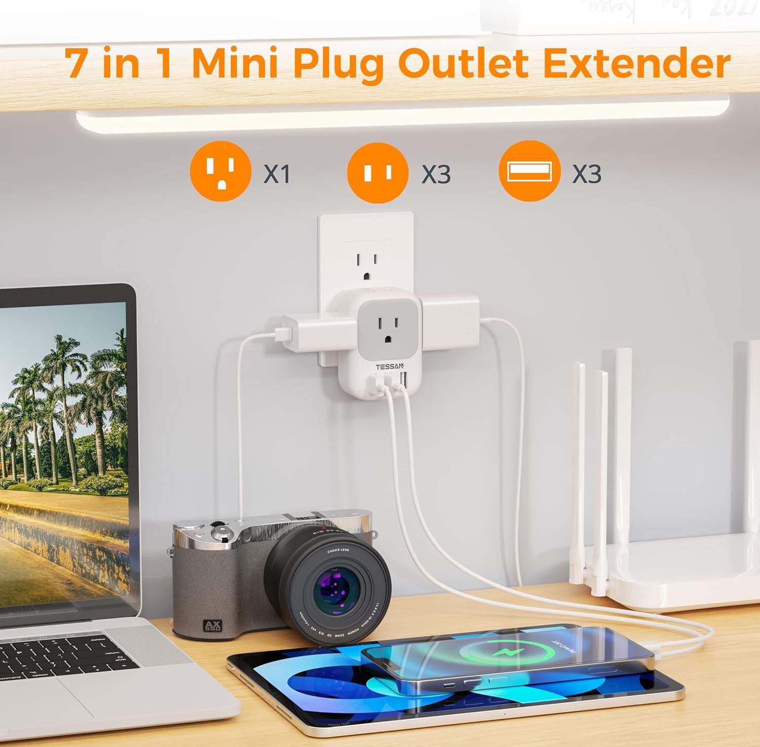 USB Charger Block with 4-Outlet Splitter and 3 USB Ports - Versatile Wall Adapter for Travel, Office, and Dorm Use