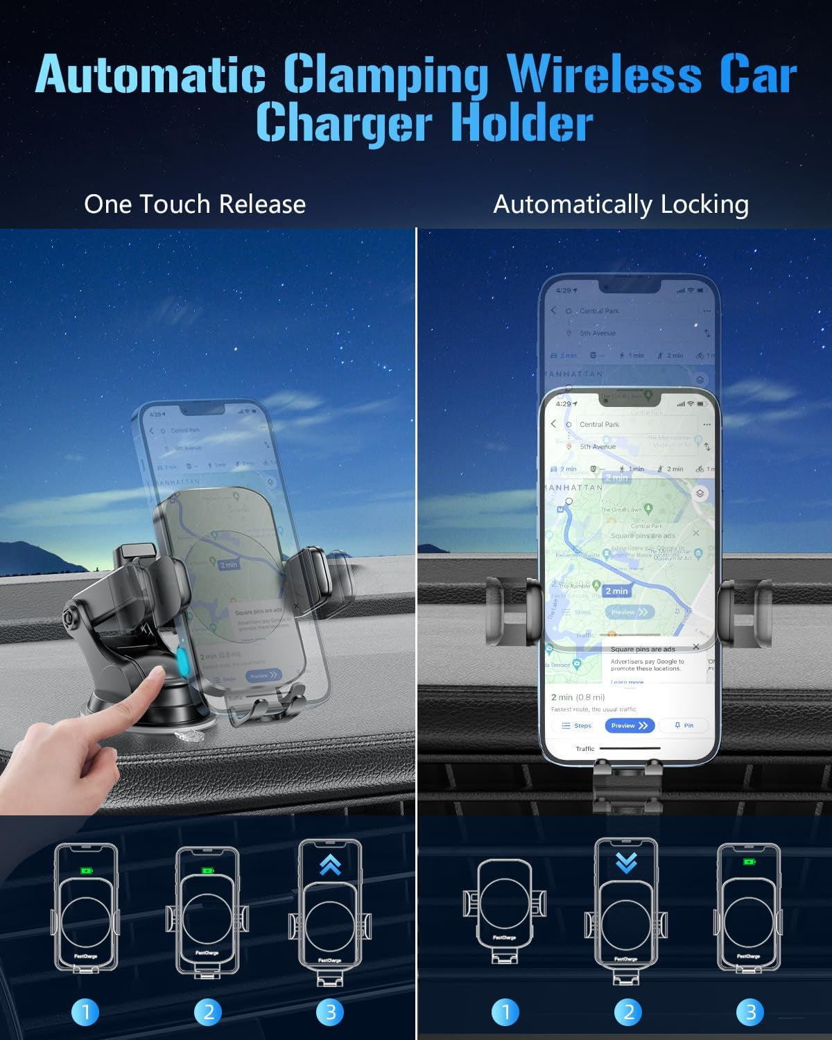 Wireless Car Charger, Fast Charging Phone Holder 3 in 1 Phone Mount Auto Clamping Car Accessories Compatible with Iphone 16 15 14 13 12 11 Xs XR, Samsung S23 Ultra S22 S21 S20/S10+ S9+ Note 9